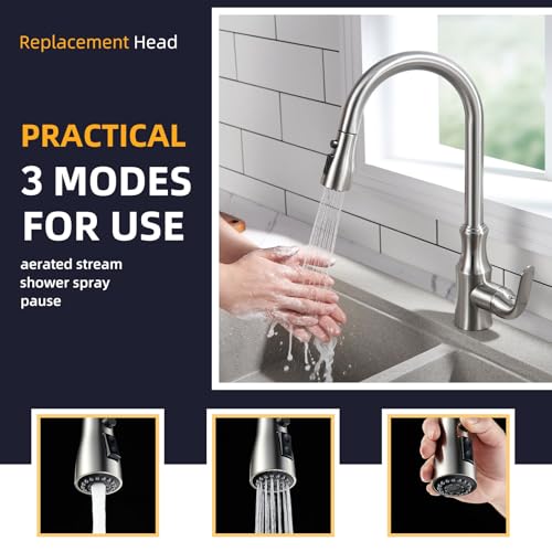Angle Simple Kitchen Faucet Head Replacement G 1/2 Male Thread, Sink Faucet Sprayer Attachment, Stream Spray and Pause Mode, Brushed Nickel - Image 3