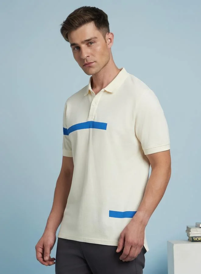 Marshmallow Striped Polo T-Shirt For Men In A Regular Fit Featuring Wide Printed Stripe