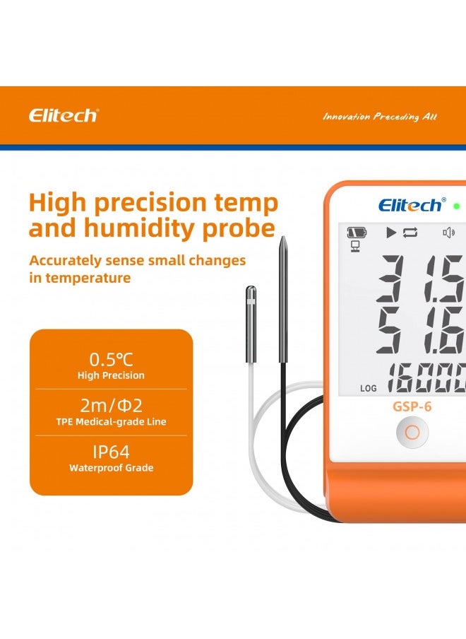 Elitech Elitech Digital Temperature Humidity Data Logger Pharmacy Refrigerator Thermometer Vaccine Fridge Temperature Monitor Max Min Value Gsp-6  - Image 1
