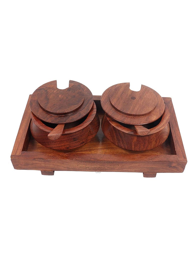 Generic - Wooden multipurpose condiment Container /Spice Jar/ Mukhwas ,Pickle jar Container/ Wooden Tray Set with Spoon. - Image 1