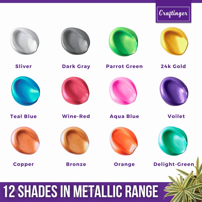 Craftinger 12-Sets Vibrant Metallic Acrylic Shades (30 ml Each) | Rich Shiny Finish | Multi-Surface color for Canvas, Wood, Glass, Metal, Plastic & More | Set for Adults for Artists, students, Children & Hobbyists - Image 2