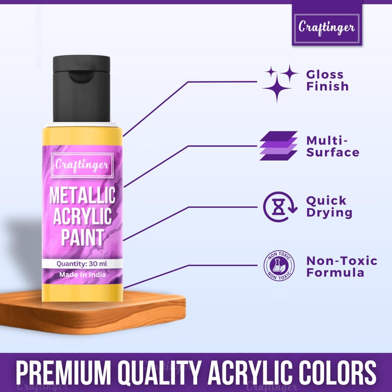 Craftinger 12-Sets Vibrant Metallic Acrylic Shades (30 ml Each) | Rich Shiny Finish | Multi-Surface color for Canvas, Wood, Glass, Metal, Plastic & More | Set for Adults for Artists, students, Children & Hobbyists - Image 3