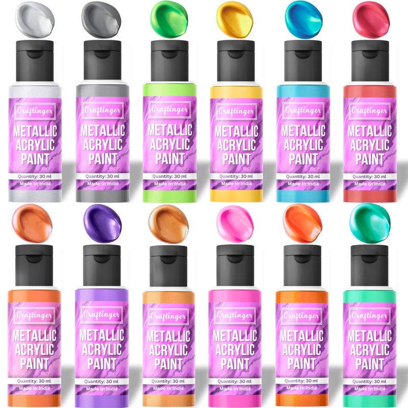 Craftinger 12-Sets Vibrant Metallic Acrylic Shades (30 ml Each) | Rich Shiny Finish | Multi-Surface color for Canvas, Wood, Glass, Metal, Plastic & More | Set for Adults for Artists, students, Children & Hobbyists - Image 1