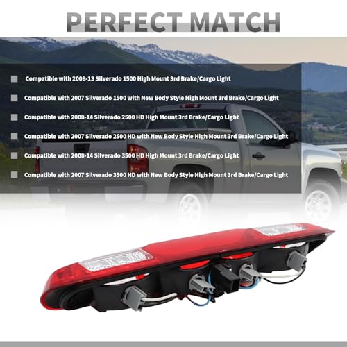 Yunnergo High Mount Stop Third Brake Light Cargo Lamp 25890530 Compatible with 2007-2013 Silverado Sierra 1500 2500HD 3500HD (Red 3 Pin) - Image 4