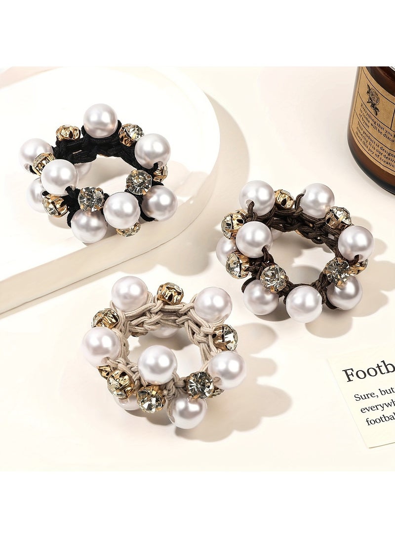 3pcs Elegant Sweet Hair Ties Set with Rhinestone and Imitation Pearls - Polyresin Rubber Bands for Women and Girls, High Elasticity Hair Accessories for Ponytails and Braids, Solid Color Hair Elastics - Image 1