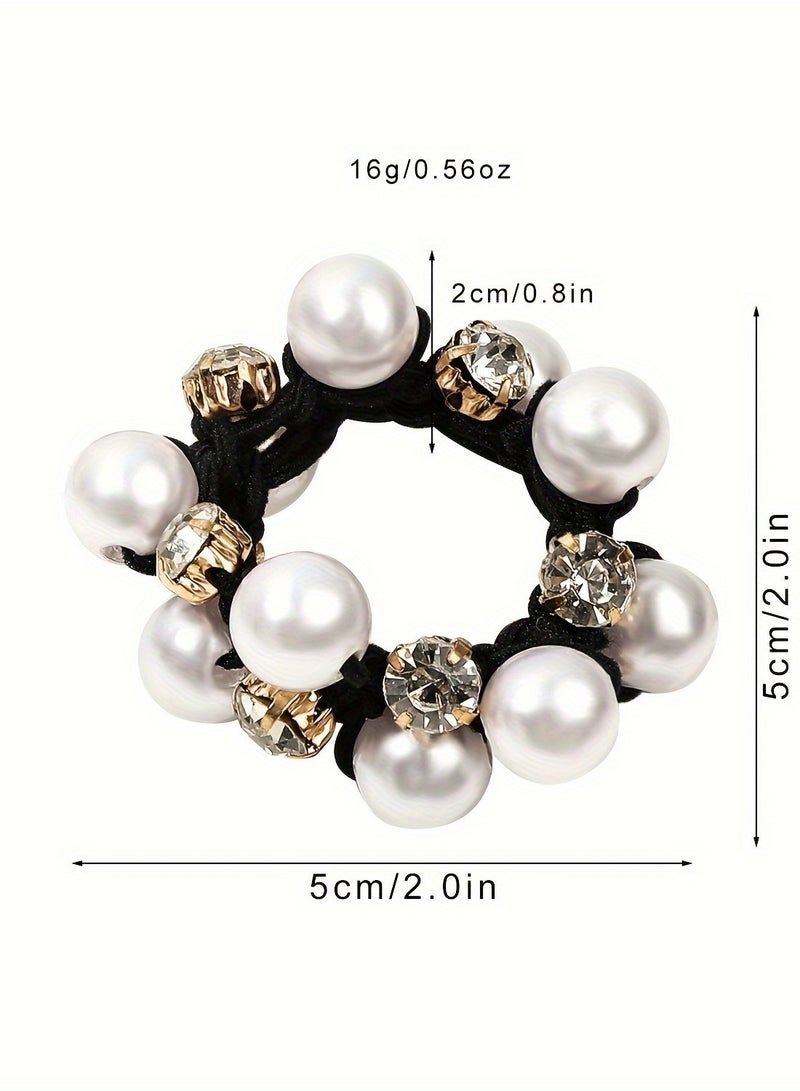3pcs Elegant Sweet Hair Ties Set with Rhinestone and Imitation Pearls - Polyresin Rubber Bands for Women and Girls, High Elasticity Hair Accessories for Ponytails and Braids, Solid Color Hair Elastics - Image 4