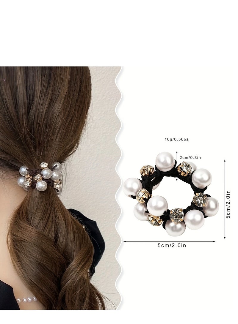 3pcs Elegant Sweet Hair Ties Set with Rhinestone and Imitation Pearls - Polyresin Rubber Bands for Women and Girls, High Elasticity Hair Accessories for Ponytails and Braids, Solid Color Hair Elastics - Image 2