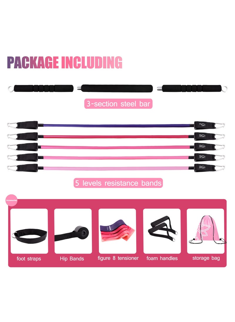 XiuWoo - Resistance Bands Set with Rod, Pilates Kit with Resistance Bands, Portable Pilates Equipment for Workout Home Gym (150lbs Pink) - Image 1