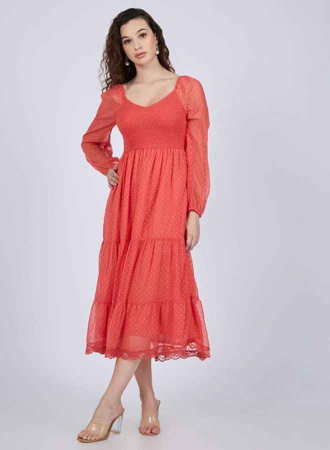 Coral Dobby Tiered Midi Dress