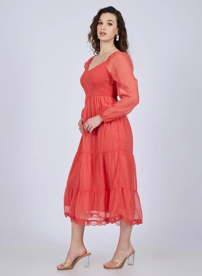 Outzidr  Coral Dobby Tiered Midi Dress for Women | Best Price UAE