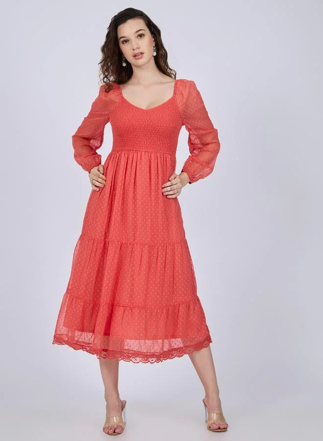 Outzidr  Coral Dobby Tiered Midi Dress for Women | Best Price UAE