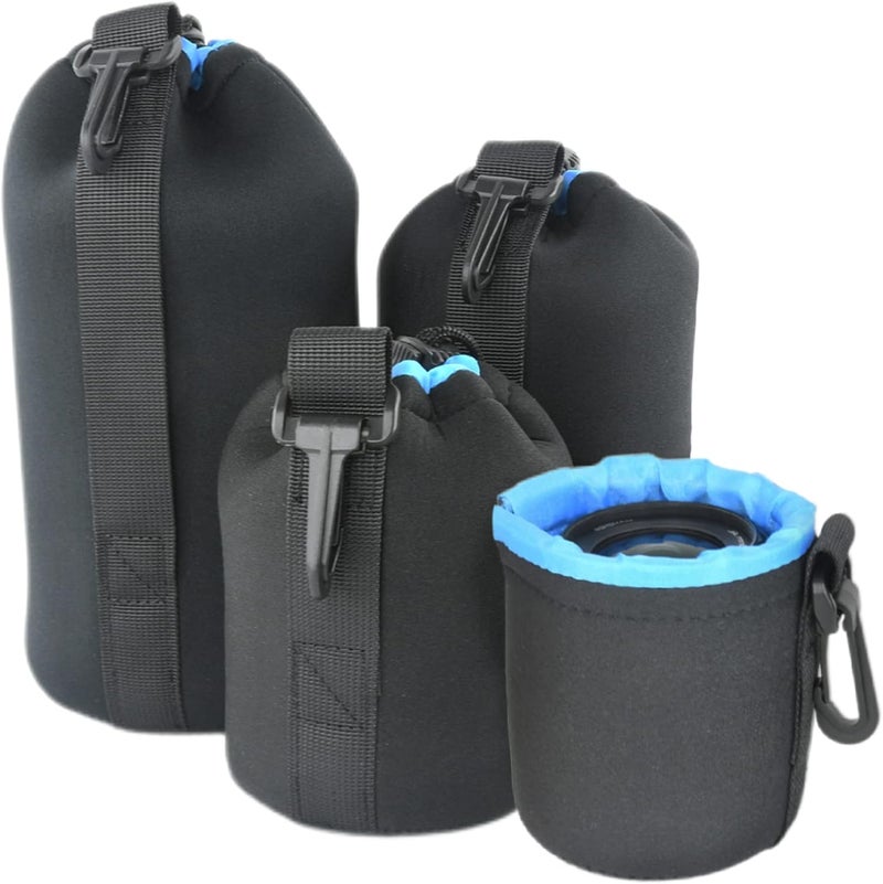 FotoTech 4 Pieces 5mm Extra Thick Neoprene Lens Bag Pouch with Adjustable Drawstring and Swivel Clip Compatible with DSLR SLR Camera Lenses (S, M, L, XL) - Image 1