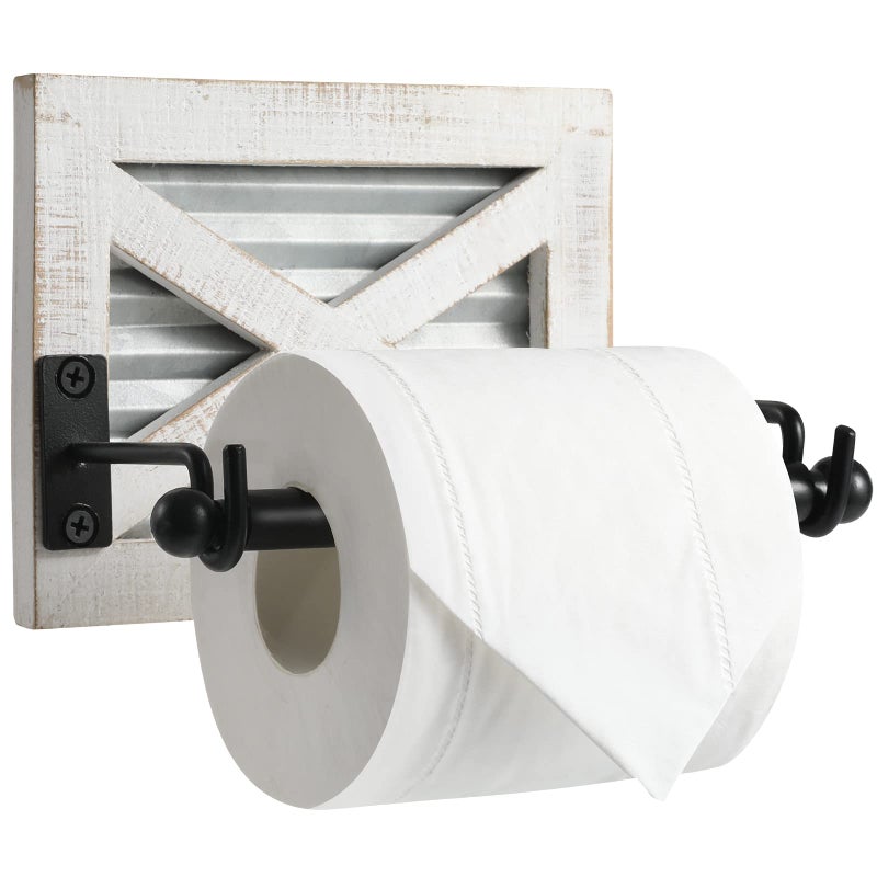 KULEDM Farmhouse Toilet Paper Holder with Galvanized Metal& Black Metal - Rustic Weathered White Wood Wall Mount Toilet Roll Holder for Bathroom Decor - Image 1