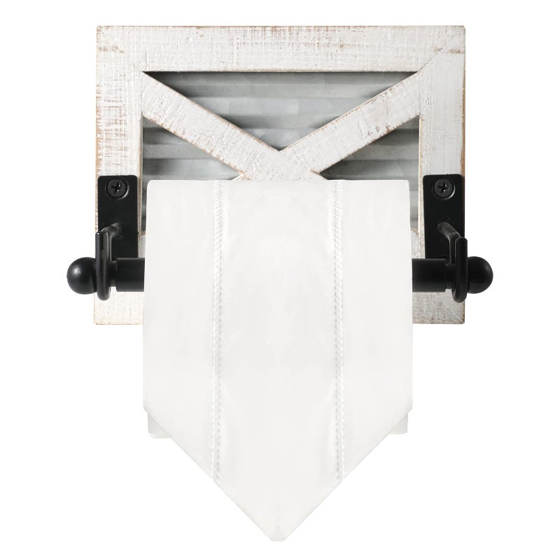 KULEDM Farmhouse Toilet Paper Holder with Galvanized Metal& Black Metal - Rustic Weathered White Wood Wall Mount Toilet Roll Holder for Bathroom Decor - Image 4