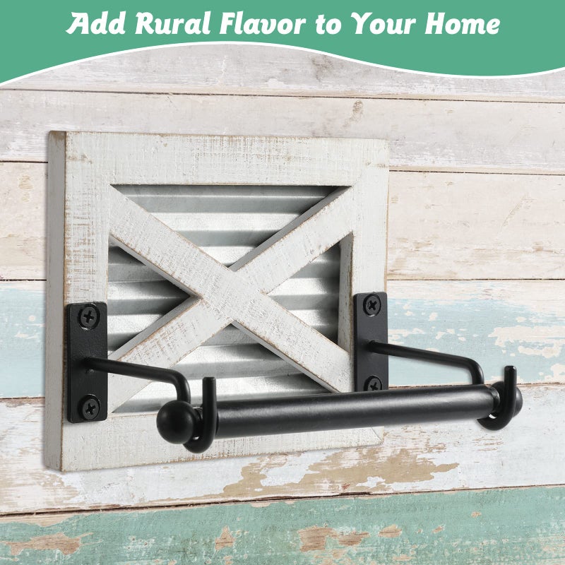 KULEDM Farmhouse Toilet Paper Holder with Galvanized Metal& Black Metal - Rustic Weathered White Wood Wall Mount Toilet Roll Holder for Bathroom Decor - Image 2