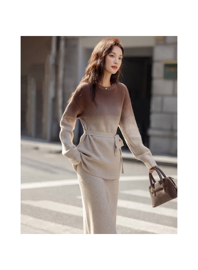 dme Demana Tie-dye Gradient Set Winter Soft Fuzzy Yarn Waist-cinching Top Elastic Waist Tie Skirt Two-piece Set For Women - Image 4