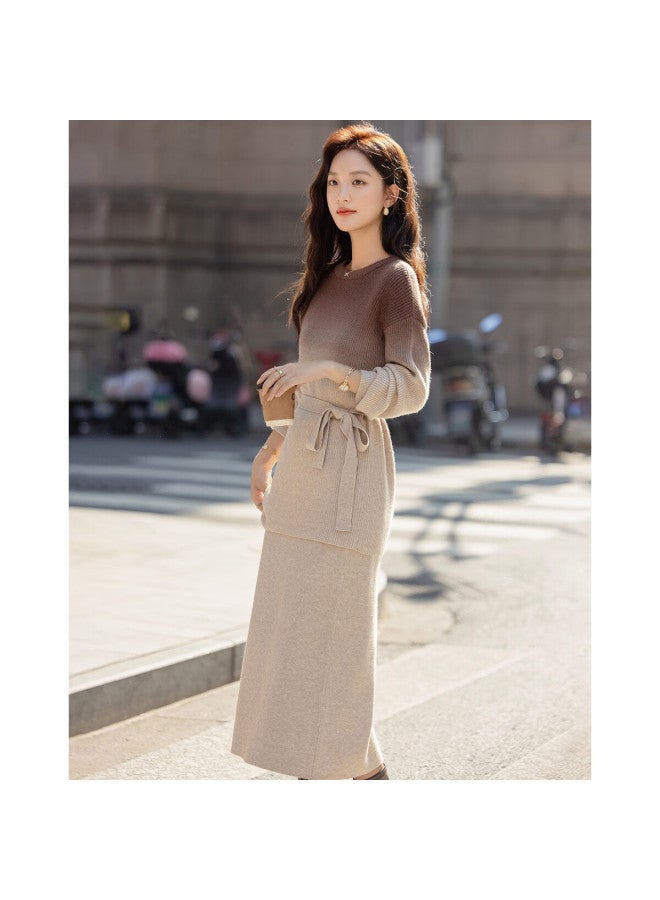 dme Demana Tie-dye Gradient Set Winter Soft Fuzzy Yarn Waist-cinching Top Elastic Waist Tie Skirt Two-piece Set For Women - Image 1