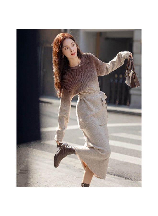 dme Demana Tie-dye Gradient Set Winter Soft Fuzzy Yarn Waist-cinching Top Elastic Waist Tie Skirt Two-piece Set For Women - Image 5