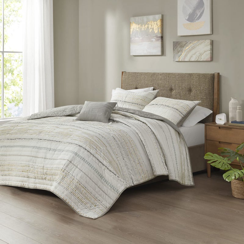 Ink+Ivy INKIVY Luxurious CottonBedding Set  Mid Century Trendy Geometric Design All Season CozyCover With MatchingShamsKingCal King Nea Grey