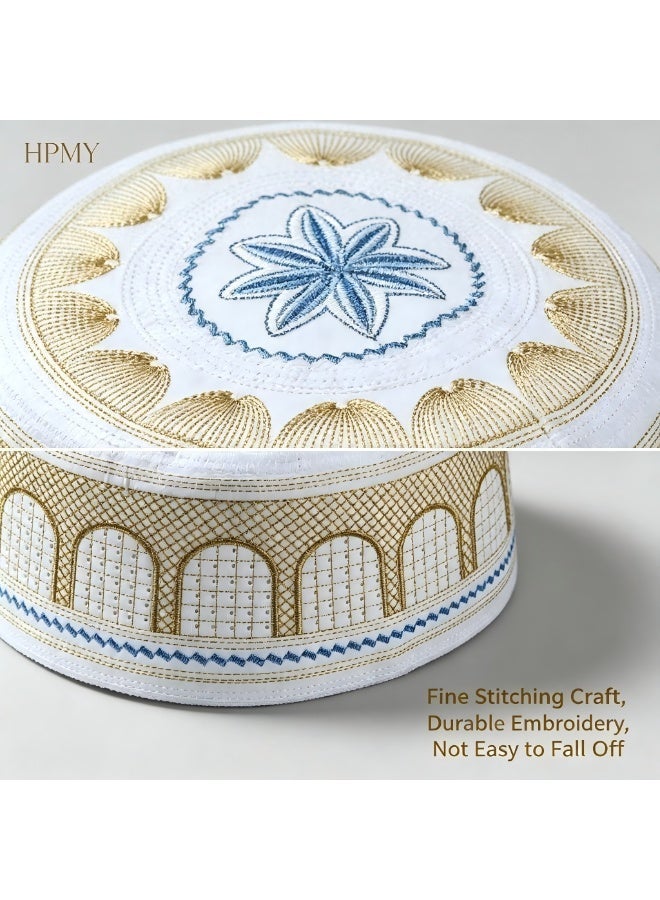 HPMY Muslim Men Prayer Cap, Turkish Embroidered Kufi Hat with Pattern, Traditional Islamic Prayer Kufi for Men - Yellow - Image 3