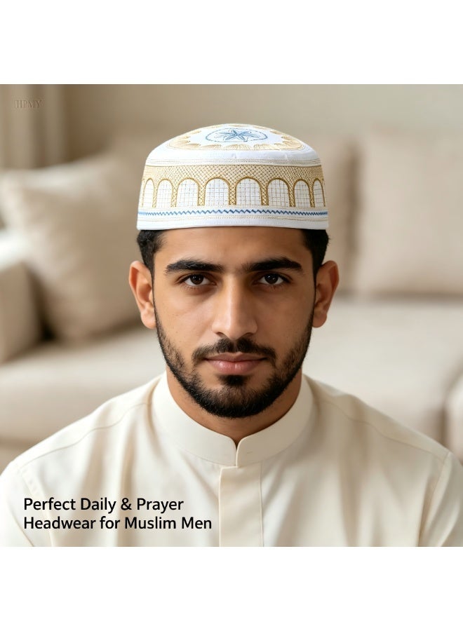 HPMY Muslim Men Prayer Cap, Turkish Embroidered Kufi Hat with Pattern, Traditional Islamic Prayer Kufi for Men - Yellow - Image 1