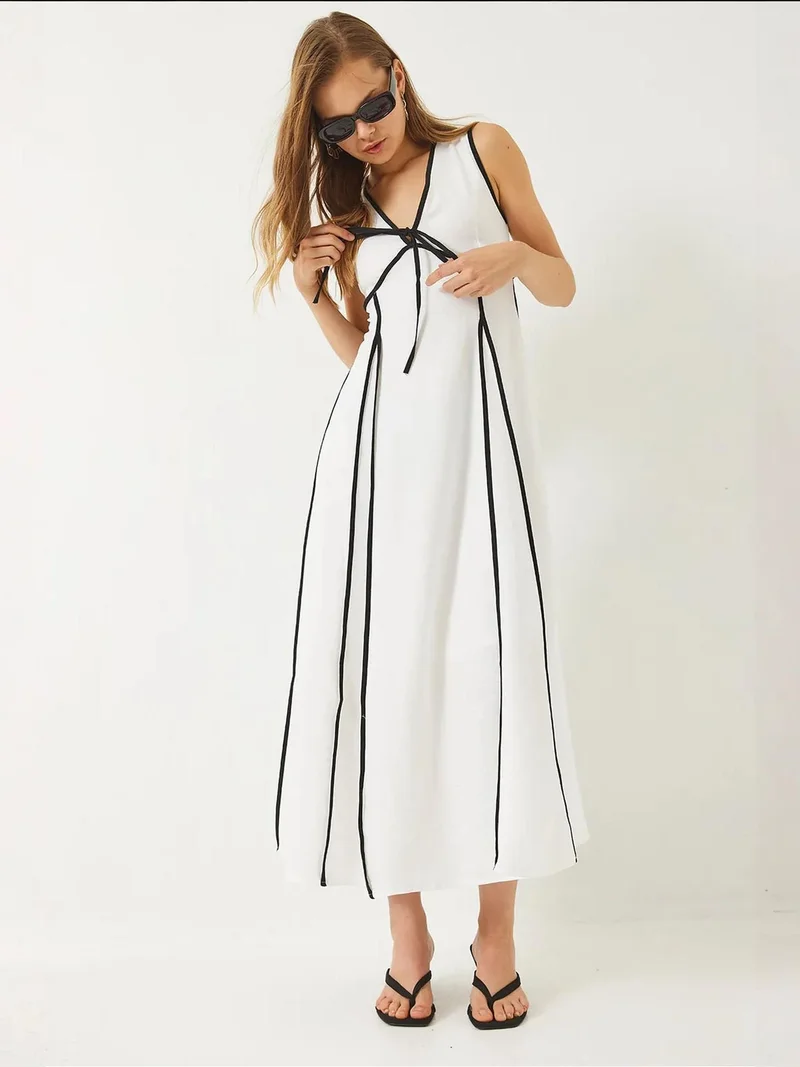 LUCCI Striped V-Neck Midi Dress with Tie Closure