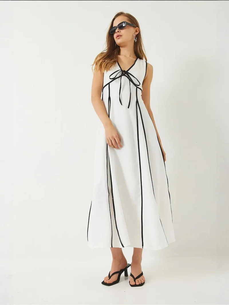 Bianco Lucci Multicolor LUCCI Striped V-Neck Midi Dress with Tie Closure for Women | Best Price UAE