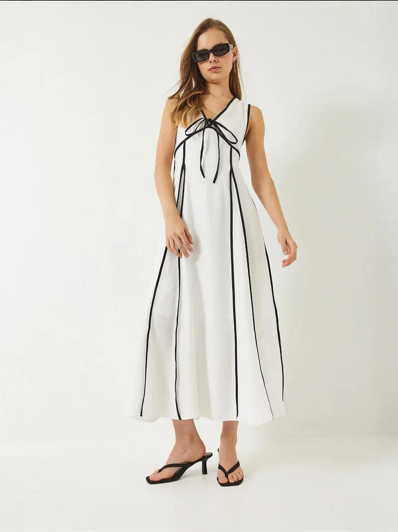 Bianco Lucci Multicolor LUCCI Striped V-Neck Midi Dress with Tie Closure for Women | Best Price UAE