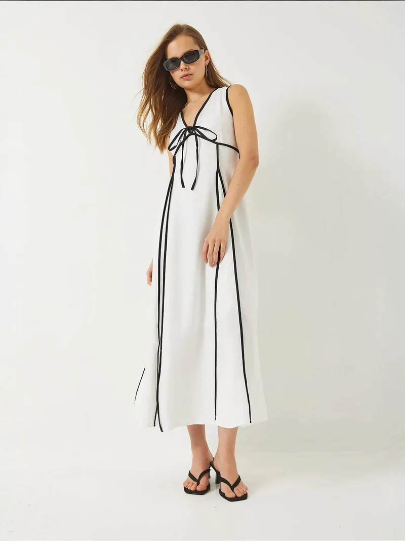Bianco Lucci Multicolor LUCCI Striped V-Neck Midi Dress with Tie Closure for Women | Best Price UAE