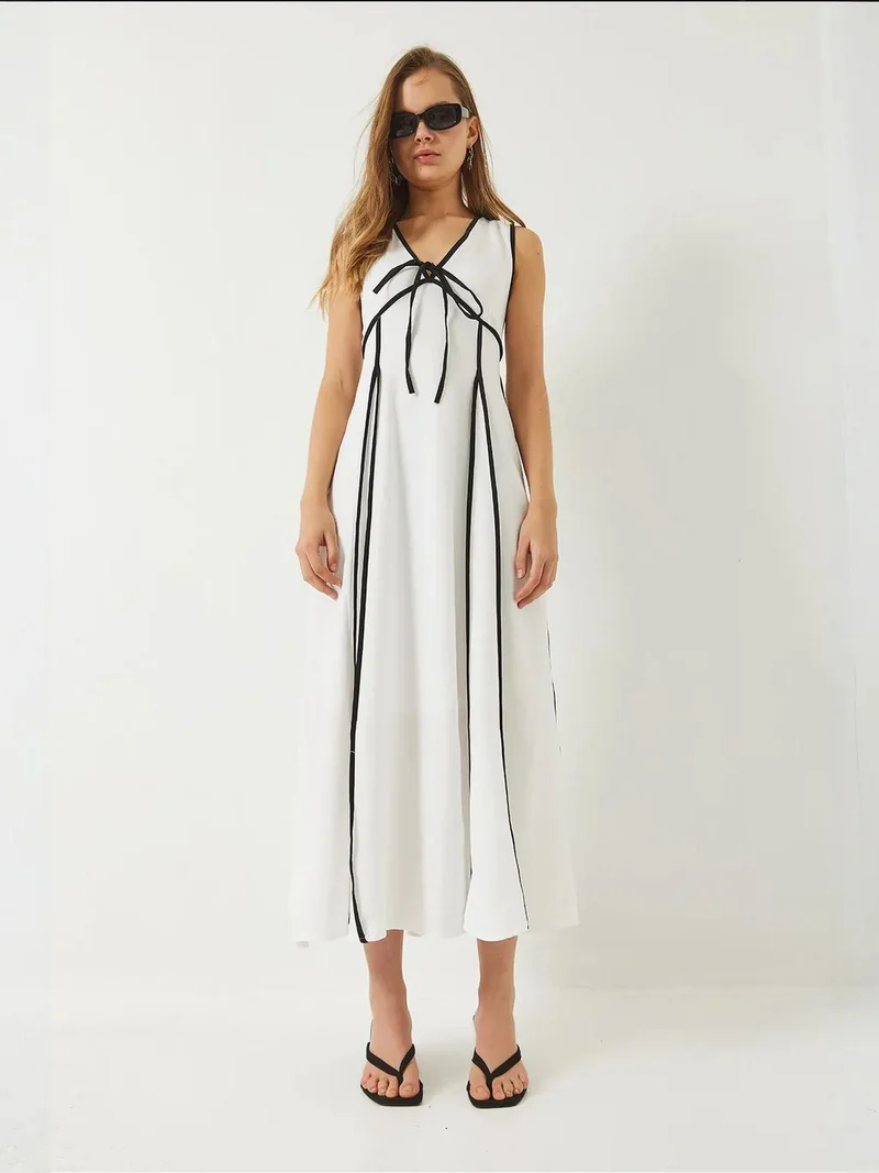 Bianco Lucci Multicolor LUCCI Striped V-Neck Midi Dress with Tie Closure for Women | Best Price UAE