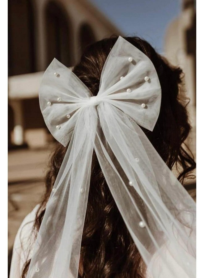 Tobeffect Pearls Hair Bow Large Veil White Hair Bow Barrettes Bridal Bridesmaid Gift Bachelorette Party Accessories For Hair Wedding Long Tails Vintage Veils Barrette - Image 2