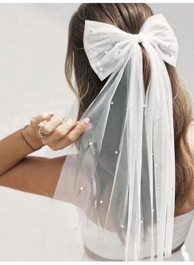 Tobeffect Pearls Hair Bow Large Veil White Hair Bow Barrettes Bridal Bridesmaid Gift Bachelorette Party Accessories For Hair Wedding Long Tails Vintage Veils Barrette - Image 1