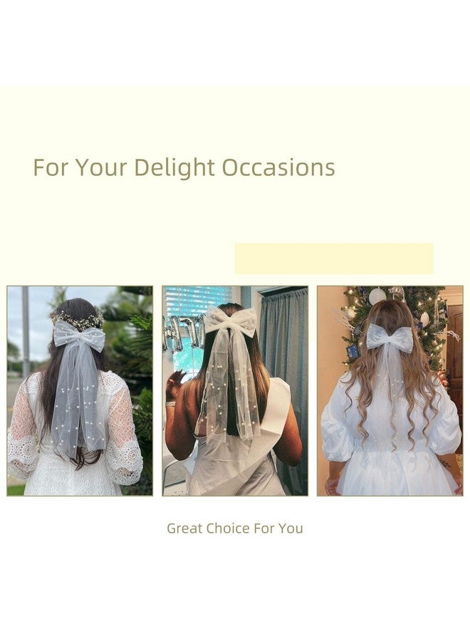 Tobeffect Pearls Hair Bow Large Veil White Hair Bow Barrettes Bridal Bridesmaid Gift Bachelorette Party Accessories For Hair Wedding Long Tails Vintage Veils Barrette - Image 3