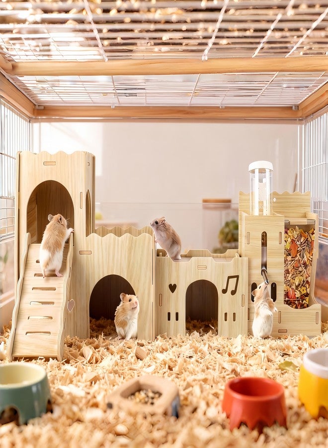 Dmnnlp Hamster Hideout House, Multi-Chamber Hamster Castle with Water Bottle, Large Wooden Mouse Playground with Climbing Ladder, Habitat for Syrian Dwarf Gerbils Mice and Small Pets - Image 3