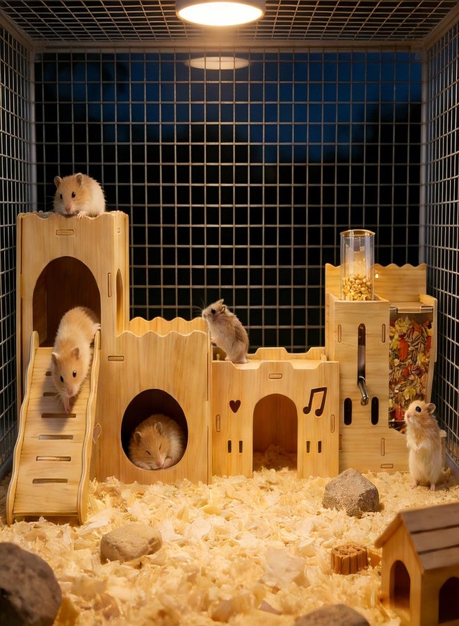 Dmnnlp Hamster Hideout House, Multi-Chamber Hamster Castle with Water Bottle, Large Wooden Mouse Playground with Climbing Ladder, Habitat for Syrian Dwarf Gerbils Mice and Small Pets - Image 5