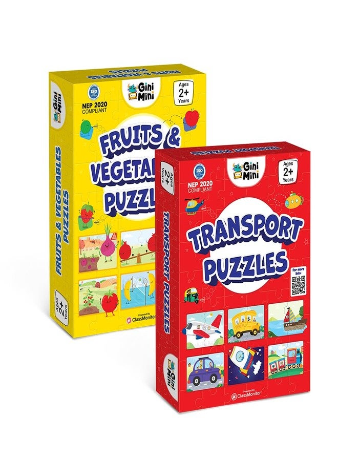 GiniMini Combo Set of 2 Jigsaw Puzzles for Kids | 2 Piece Transport, Fruits & Vegetables Puzzles | Educational Toy for Cognitive Development | Fine-Motor Skills | Age 1, 2 & Above - Image 1
