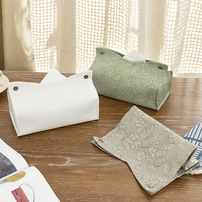 1pc Quyou PU Vertical V Mouth Butterfly Pattern White Tissue Box Holder 8 66x4 72x3 74 Inch Stylish Floral Design Fabric Woven Cover For Dining Room Kitchen Bedroom Decor - Image 1