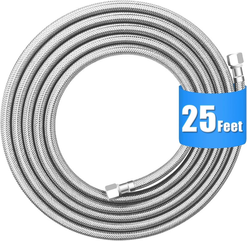 HAO CHEN Refrigerator water line - 25 FT Premium Stainless Steel Braided Ice Maker Water Hose,Food grade PEX Inner Tube Fridge Water Line with 1/4" Fittings for Refrigerator Ice Maker - Image 1