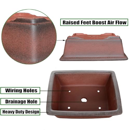 MUZHI Decorative Ceramic Bonsai Planter Pot 8.5 Inch with Tray, Breathable Unglazed Rectangle Terracotta Clay Pot for Tree Succulent Cactus Indoor Outdoor Red Brown - Image 3