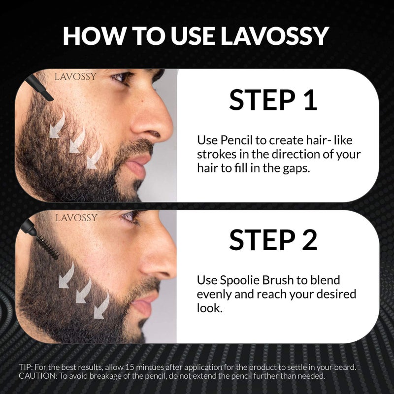 LAVOSSY Beard Pencil Filler for Men - Long Lasting and Easy to Use Beard Pen with blending brush results in a sleek & natural look, Water/Sweat Proof filler (1 Count (Pack of 1), Black) - Image 5