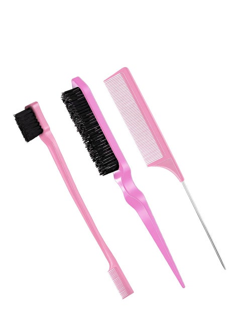 3 Pcs Slick Back Hair Brush Set Bristle Hair Brush Edge Control Brush Teasing Comb Rat Tail Comb for Women Baby Kids' Black Hair (Pink)