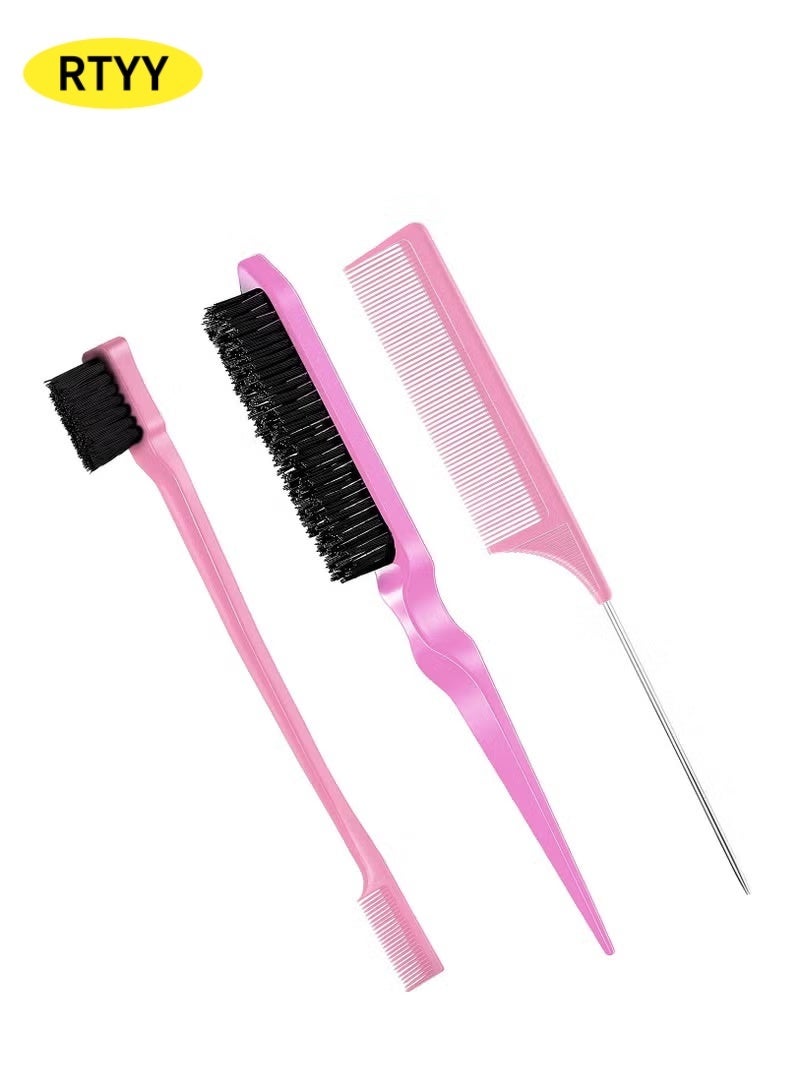 RTYY 3 Pcs Slick Back Hair Brush Set Bristle Hair Brush Edge Control Brush Teasing Comb Rat Tail Comb for Women Baby Kids' Black Hair (Pink) - Image 1