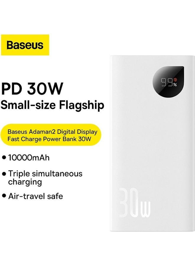 بيسوس باور بنك بمنفذ USB-C بتقنية PD وبسعة 10000 مللي أمبير في الساعة، وبقدرة 30 وات بتصميم محمول للشحن وبشاشة LED رقمية لعرض مستوى البطارية ومزود بـ3 مداخل ومتوافق مع الهاتف الخلوي والتابلت 10000 mAh أبيض - Image 2