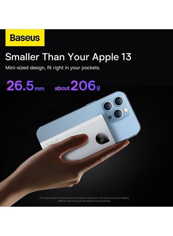 بيسوس باور بنك بمنفذ USB-C بتقنية PD وبسعة 10000 مللي أمبير في الساعة، وبقدرة 30 وات بتصميم محمول للشحن وبشاشة LED رقمية لعرض مستوى البطارية ومزود بـ3 مداخل ومتوافق مع الهاتف الخلوي والتابلت 10000 mAh أبيض - Image 3
