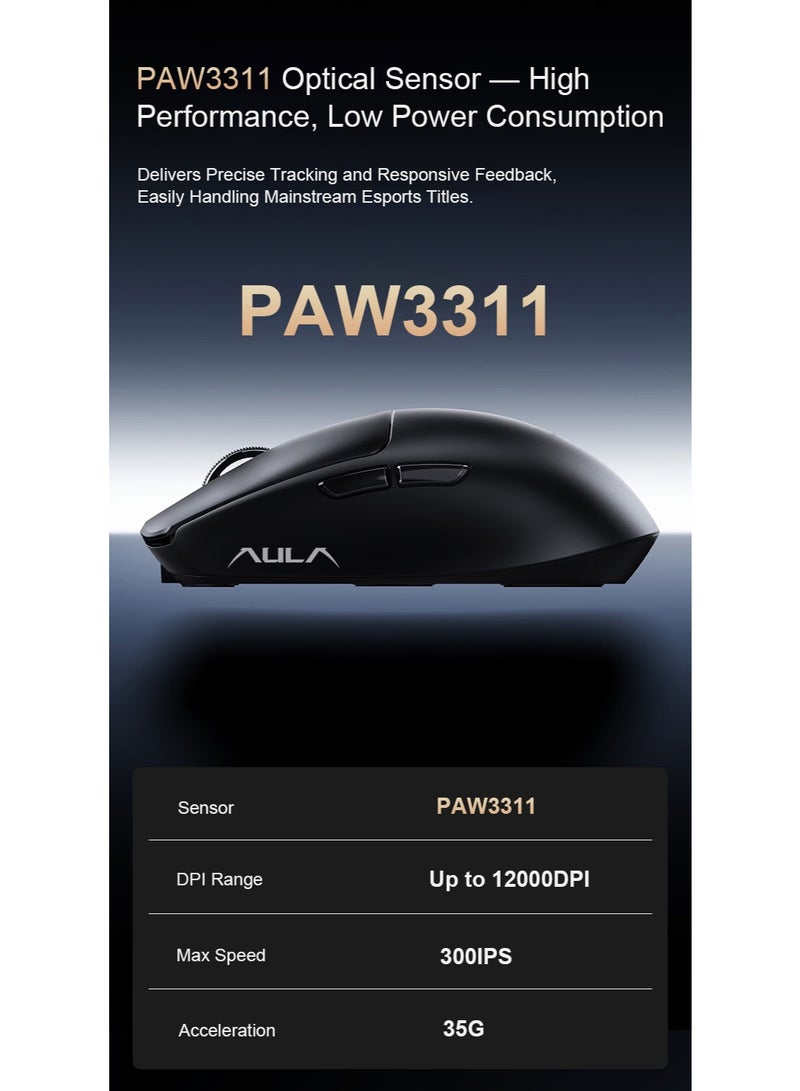 AULA V1 Gaming Mouse, Lightweight (55g), Three Modes, PAW3311 Sensor, 12000 DPI, Wireless, Rechargeable, Bluetooth, Suitable for Small to Medium-Sized Hands, Black - Image 3