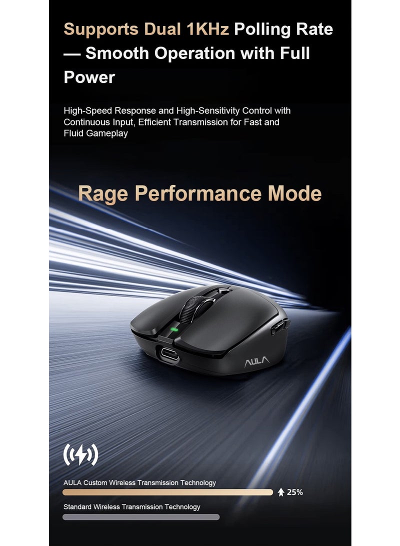 AULA V1 Gaming Mouse, Lightweight (55g), Three Modes, PAW3311 Sensor, 12000 DPI, Wireless, Rechargeable, Bluetooth, Suitable for Small to Medium-Sized Hands, Black - Image 4