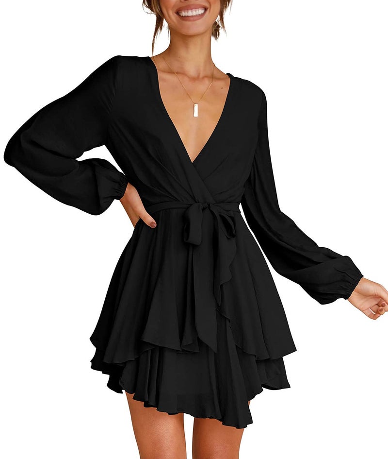 Cosonsen Womens Cute Mini Dress Deep V-Neck Long Sleeve Tie Waist Ruffle Short Dress Black XL - Image 4