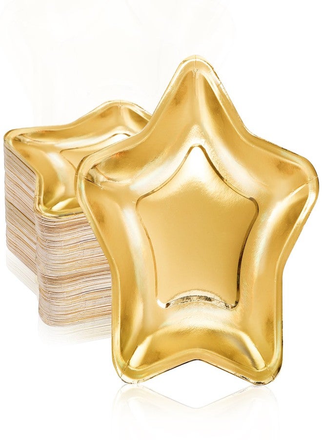 Tlence 100PCS Star Shape Paper Plates, 9.5 Inches Disposable Pentagram Dinnerware, Gold Twinkle Star Paper Tableware Set for Dessert, Birthday Graduation Wedding Halloween Christmas Supplies - Image 1