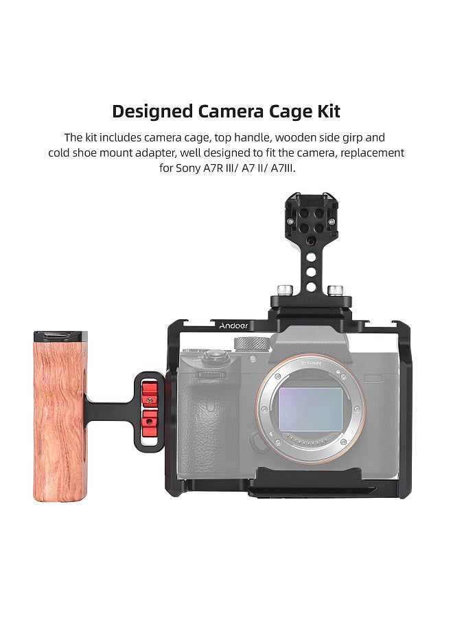 ANDOER Aluminum Alloy Camera Cage Kit including Camera Cage + Top Handle + Wooden Grip + Mini Monitor Mount Replacement for Sony A7R III/ A7 II/ A7III  - Image 3