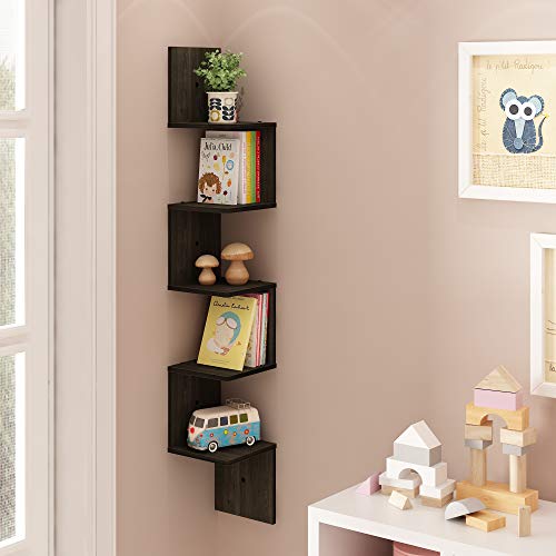 Furinno Rossi Wall Mount Floating Corner Shelf, 5-Tier Square , Espresso - Image 2